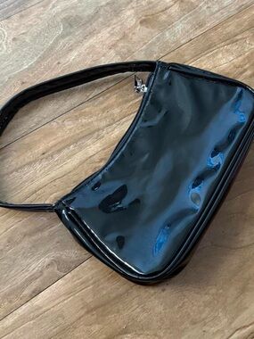 Black Patent Shoulder Bag - Sleek Minimalist Women's Purse